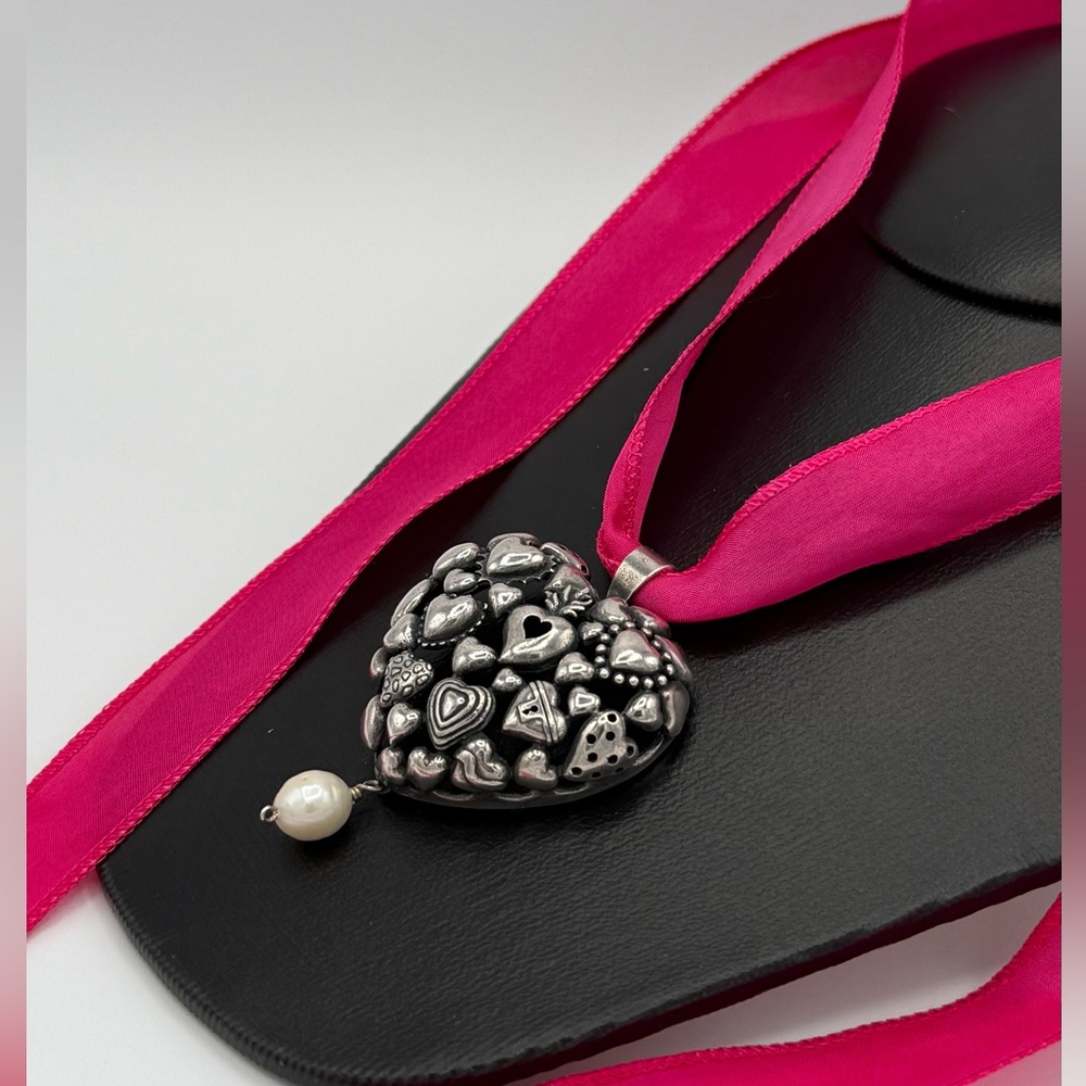 Beautiful Sterling Silver Heart Pendant Necklace with Hot Pink and Red Ribbon
